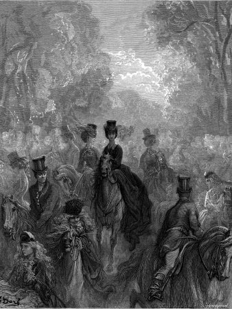 Dore Etching Depicting Genteel Folk in London Park Riding Horseback