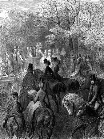 Dore Etching Depicting Genteel Folk Riding Horseback During Afternoon in the Park