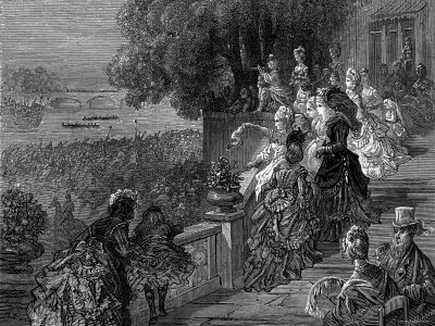 Dore Etching Depicting Genteel Folk Viewing Distant Rowing Event from a Balcony