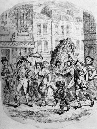 Illustration by George Cruikshank of May Day Celebration in Street