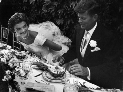 Senator John F. Kennedy and Bride Jacqueline Enjoying Dinner at Their Outdoor Wedding Celebration