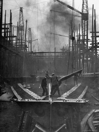 Shipbuilding, Men Swinging a Frame Into Place
