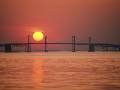 View from the Water of the Chesapeake Bay Bridge and the Setting Sun