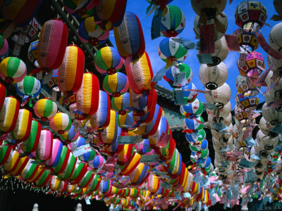 Strings of Colourful Paper Lanterns Suspended Outside Temple, Seoul, South Korea