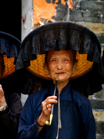 Portrait of Hakka Woman Smoking Pipe, Looking at Camera, Hong Kong