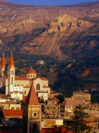 Churches in Village with Mountains Behind, Bcharre, Lebanon