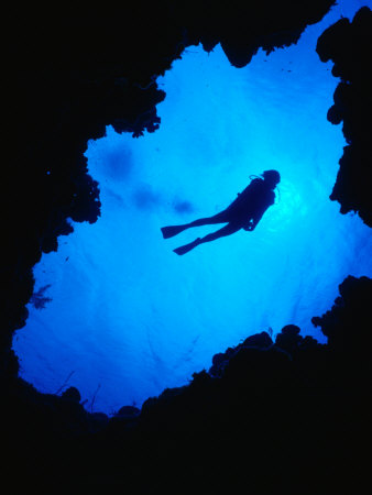 Diving off Limestone Platform into Blue Hole at Bat Cave, Gene