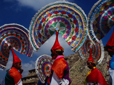 Traditional Quetzal Dancers with Elaborate Headresses at the Ancient Totonac Ruins, Mexico