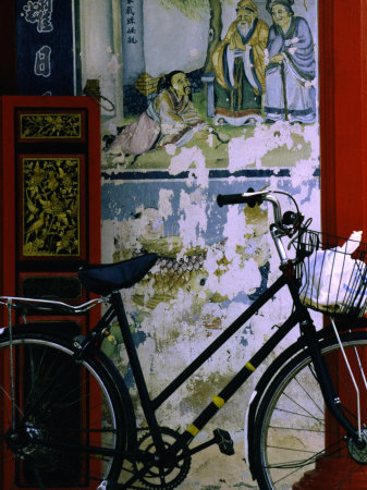 Bicycle Against Muralled Wall of Chinese Temple at Marudi, Sarawak, Malaysia
