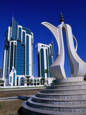 Twin Towers and Teapot Sculpture at Eastern End of the Corniche, Doha, Ad Dawhah, Qatar