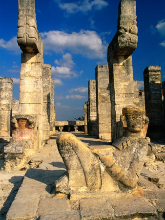 Chac Mool with Serpent Columns, Portico of Temple of the Warriors, Chichen Itza, Yucatan, Mexico