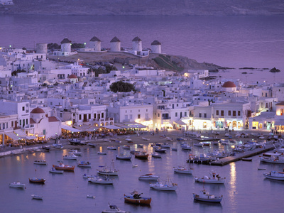 Overview of Mykonos Town harbor, Mykonos, Cyclades Islands, Greece
