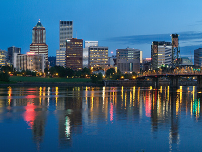 City Lights Glowing at Night, Portland, Oregon, USA