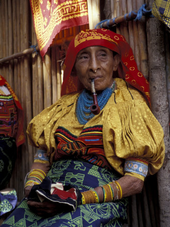 Old Woman with Pipe in Hand-Stitched Molas, Kuna Indian, San Blas Islands, Panama