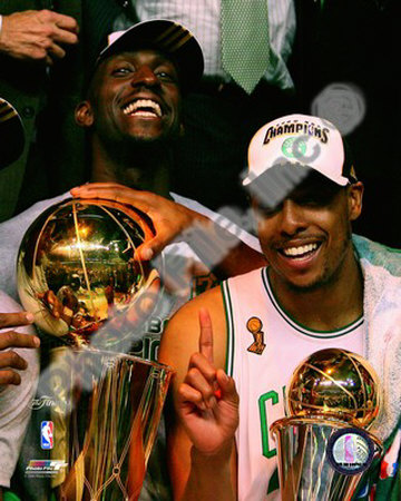 Kevin Garnett & Paul Pierce, Game Six of the 2008 NBA Finals With Trophies Poster