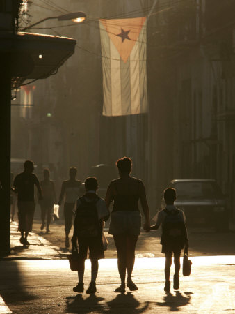 A Mother Walks Her Children to School in Old Havana, Cuba