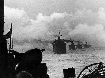 A WW2 Convoy of Steam Supply Ships Sailing Along the English Coast, 1942