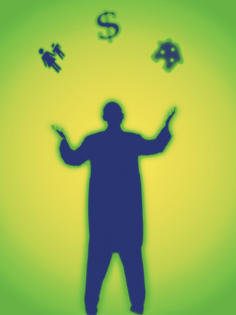 Silhouette of a Man Juggling a Symbol of a House, People and a Dollar Sign