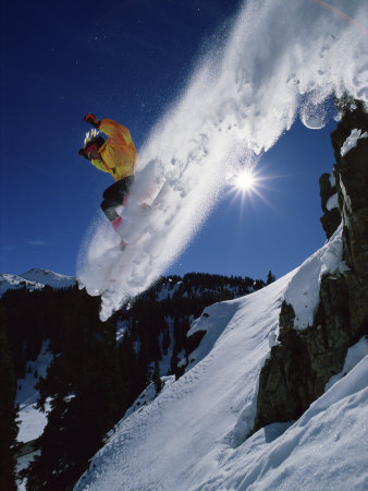 Airborne Snowboarder with Sunburst Poster