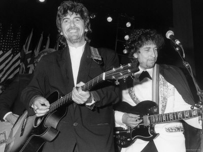 Musicians George Harrison and Bob Dylan Performing at Rock and Roll Hall of Fame