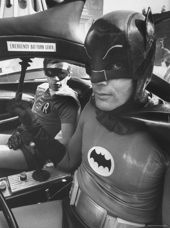Batman Adam West and "Robin" Burt Ward in Bat Mobile, on Set During Shooting of Scene