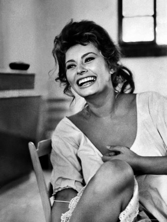 Buy Actress Sophia Loren Laughing While Exchanging Jokes During Lunch Break on a Movie Set at AllPosters.com