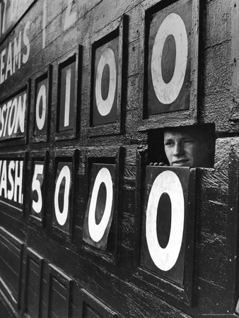 Boy Running Scoreboard at Griffith Stadium During the Baseball Game Poster