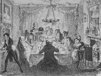 Etching by Caricaturist George Cruikshank of Christmas Pudding Being Served at Dinner Party