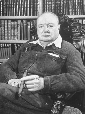 Winston Churchill Holding Cigar, Seated in Study at Chartwell Wearing Zippered Jumpsuit