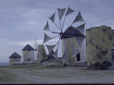 Windmills with Thatched Roofs and Canvas Sails on the Island of Mykonos in the Cyclades