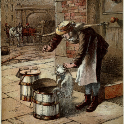 Illustration by Kronheim of a Milkman Pulling a Wet Cat Named Grilda Out of a Pail of Milk