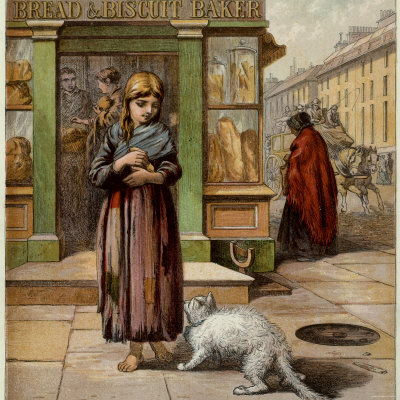 Illustration by Kronheim of White Cat Grilda, Beggar Girl Madge Dunlee, from 