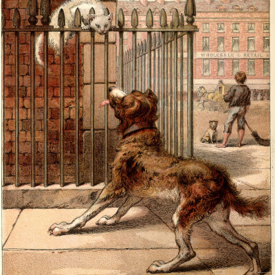 Kronheim's of a Dog Going After Grilda, a White Cat on a Fence, from 