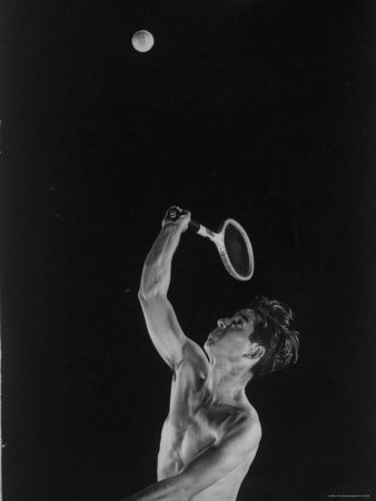 High Speed Photograph of Tennis Pro Bobby Riggs Serving a Ball