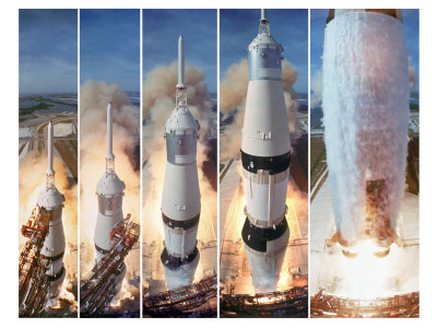 Composite 5 Frame Shot of Gantry Retracting While Saturn V Boosters Lift Off to Carry Apollo 11