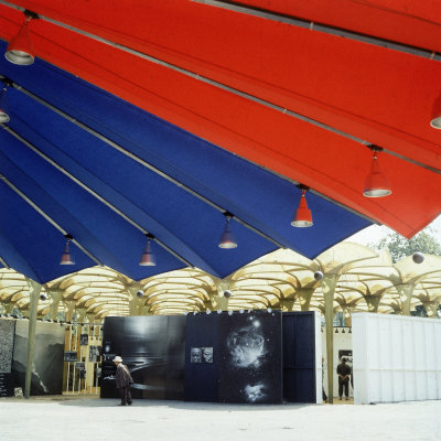 Blue and Red Canvas Information Booth Area Leading to Family American National Exhibit, Moscow