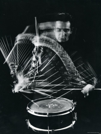 Drummer Gene Krupa Playing Drum at Gjon Mili