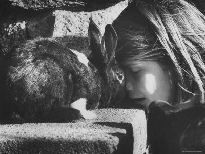 Georgiana Silk, Daughter of Photographer George Silk, Affectionately Nuzzling Her Pet Rabbit