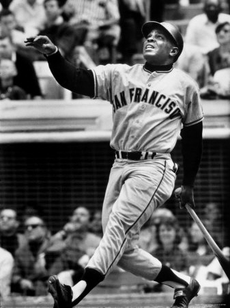 Baseball Player Willie Mays Watching Ball Clear Fence for Home Run in Game with Dodgers Poster