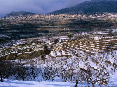 Snow Covered Fields and Village in the Qadisha Valley, Bcharre, Lebanon