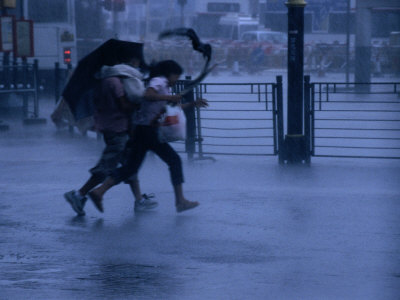 Typhoon Force 8 Hits Pedestrians in the Street, Kowloon, Hong Kong, China,