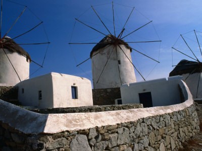 Thatched-Roof Windmills on Plateau, Mykonos Town, Greece