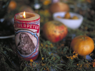 Altar Offering Decorated with Flowers, Fruit and a Candle for Day of the Dead, Oaxaca, Mexico