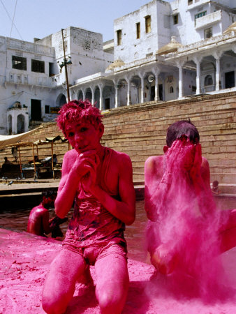 Boys Purify Themselves with Pink Powder During Holi Festival, Pushkar, India