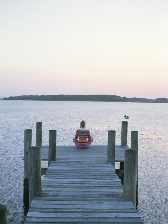 A Seagull Watches a Woman Practice Yoga on a Dock Poster