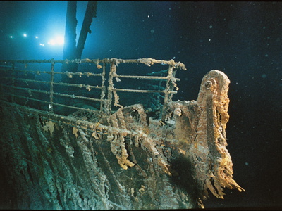 Buy Bow Railing of R.M.S. "Titanic" Illuminated by Mir 1 Submersible Behind the for Ward Anchor Crane at AllPosters.com