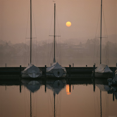 Buy Anchored Sailboats at Sunrise in Mythen Quai Harbor at AllPosters.com