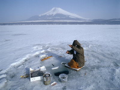 Frozen Lake with Fishermen, Lake Yamanaka, Mount Fuji, Honshu, Japan