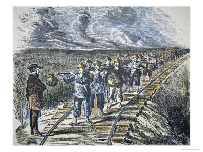 Charles Crocker and Chinese workers building the railroad.