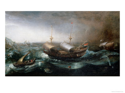 Dutch Merchant Vessels and a Smalschip Accompanied by Dolphins in Heavy Seas